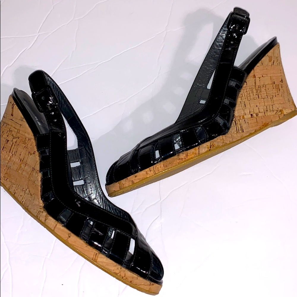 Stuart Weitzman Black Patent Peep Toe Wedges 6